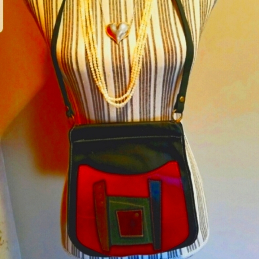 Red Patch Colorblock 100% Leather Shoulder Bag Handmade One of a Kind. - Picture 10 of 12